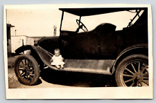 Baby Sitting On The Side Of A Vintage Automobile, Antique, B&W Photograph OOAK picture