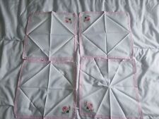 4 X Vintage Linen Embroidered Napkins  Pink Rose Floral Excellent Condition  picture