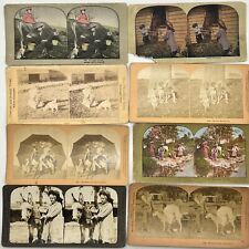 LOT: 8 STEREOVIEW CARDS Children w/ Animals Cow Horse Cat Dog Donkey Goat Stork picture
