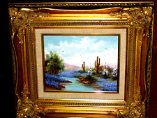 Gorgeous Ornate Gold Frame Bluebonnet Cactus Pond Yucca Blooming Oil Painting VT picture