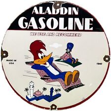 VINTAGE ALADDIN GASOLINE PORCELAIN SIGN GAS STATION PUMP PLATE MOTOR OIL WOODY picture