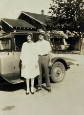 Smiling Man & Woman Standing By Car In Front Of House B&W Photograph 3.5 x 4.5 picture