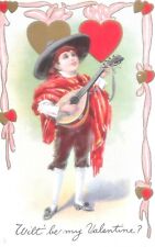 Stecher Valentines Postcard, Young Boy With Mandolin, c1910, Series 313D picture