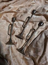 Vintage Solid Brass Set of Three Brass Bugle Horn Candle Holders Jazz picture