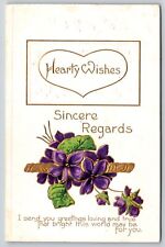 Gold Hearty Wishes In Gold Heart~Purple Violets On Gold Band~Emb~1910 Postcard picture