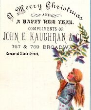 1870's 1880's Merry Christmas Happy New Year Girl Flowers John E Kaughran NY picture