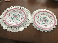 2 VTG CHINESE PINK& GREEN ROSE MEDALLION SALAD PLATES HAND PAINTED UNDER GLAZE. picture