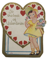 VTG Saint Valentine Card Die Cut 1930 Cute Shirley Temple Girl flower bouquet   picture