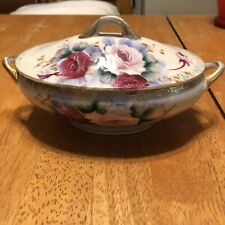 Vintage Hand Painted Lavender Pink Roses Porcelain Oval Candy Dish With Lid picture