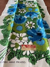 Vtg 60s Tea Towel MCM Groovy Linen Green & Blue Floral Flower Power Chris Bash picture