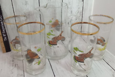 Vintage Ned Smith Glassware 4 Cocktail Glasses & Pitcher Game Birds Ducks picture