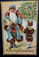 Blue Robe Santa Claus~with Child~Toys~Tree~Antique~Christmas  Postcard~k351 picture