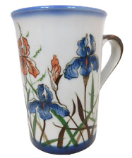 Vintage Otagri Stoneware Coffee Mug Blue & Peach Iris Flowers Tapered  Cup Japan picture