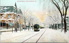 Broadway Street, Providence Rhode Island  - d/b Postcard - Streetcar in Snow picture