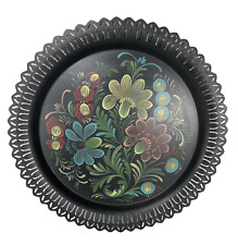 Vintage Round Black DecorativeToleware Tin Metal Tray Reticulated 12in picture