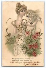 c1905 Pretty Woman With Parrot And Flowers Embossed Posted Antique Postcard picture