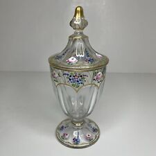 VINTAGE WESTMORELAND APOTHECARY JAR W/LID CLEAR,GREEN,PINK ROSES GOLD TRIM picture