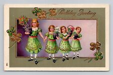 Postcard Birthday Greeting w/ Clover & Girls in Green Dresses, Antique a8 picture