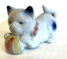 Vtg Porcelain Cat with Ball Blue/White/Pink Figurine picture