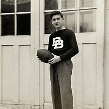 Vintage B&W Snapshot Photograph Young Man Teen Boy Holding Pigskin Football picture