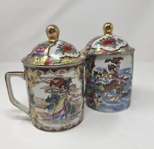 (2) Two Chinese Porcelain Tea Mugs W/lids picture