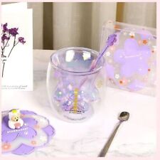 Starbucks Purple Cat Paw Sakura Glass Cups W/ Coaster Cover Stir rod Coffee Mugs picture