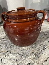 Vintage Brown Glazed Bean Pot Marked USA Looped Handles Recessed Lid 9 Cups  picture