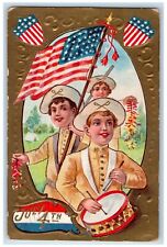 1950 Fourth Of July Boys Drummer Flag Embossed Nash Temple PA Antique Postcard picture