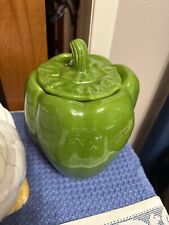 Vintage Retro Large Ceramic Green Bell Pepper Lidded cookie Jar Canister picture