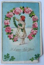 1906 Postcard Embossed * Happy New Year Girl Rose Garland Clover RPO Railroad picture