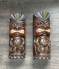 Carved Pair Wooden Tiki Totem Palm Trees Home Sturdy Decor Stands picture