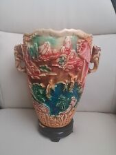 Vtg Large Carved Resin Chinese Oriental Style Vase Elephant Handles Chinoiserie picture