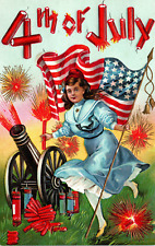 4th Of July Patriotic Postcard Girl Cannon Fireworks American Flag Firecracker picture