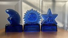 Vintage Set Of 2 - Cobalt Blue Sun And Star Glass Votive Tealight Candle Holders picture