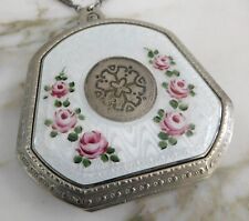 ANTIQUE VINTAGE 1920’S GUILLOCHE ENAMEL COMPACT HAND PAINTED PINK ROSES picture