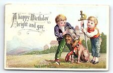 c1880 EMBOSSED BIRTHDAY BOYS DRESSING DOG AS A KNIGHT IN ARMOR TRADE? CARD Z1211 picture