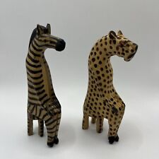 Hand Carved Wood Kenya African Safari Party Seated Animals Zebra Leopard picture