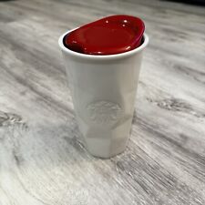 Starbucks Ceramic White Mug Tumbler 10 oz Red Lid 2013 Travel Pre-Owned picture