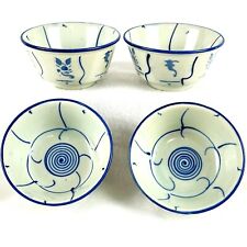 4 Chinese Asian Blue & White Porcelain Rice Noodle Bowls Footed hand painted VTG picture