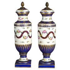 Antique Pair French Sevres Porcelain Hand Painted & Gilt Decorated Bolted Urns picture