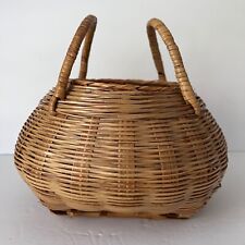 Vintage Basket 70s 80s Heavy Sturdy Wicker Patina Bulge Fixed Handles picture