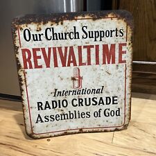 1950 Revivaltime Metal Sign Assemblies of God Radio Crusade Christian Rare Steel picture