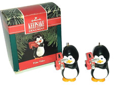 Polar Video Penguins Hallmark Keepsake 1990 ~ 2 Christmas ornaments ~ 1 box picture