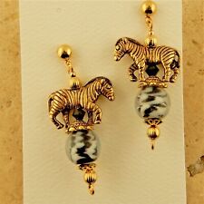 Gold Zebra hand beaded earrings with lampwork glass beads picture