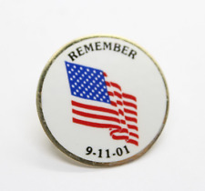 Remember 9-11-01 Round White American Flag Pin Gold Tone Lapel Enamel Vintage picture