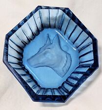 1920s Art Deco Dog Handcut Czech Glass Salt Dip Blue Etched Trinket Dish Bowl picture