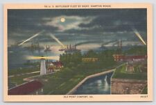 Linen~Air View US Battleship Fleet At Night Old Point Comfort VA~Vintage PC picture