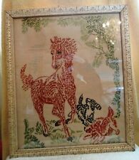 Vintage Large Framed Embroidered Horse and Dogs Playing 18 1/2 by 16 Inches picture