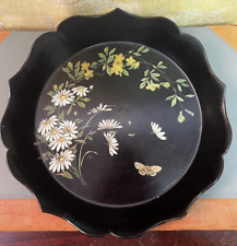 Antique Hand Painted Flowers Black Papier Mache Lacquered Round Tray or Pan 10