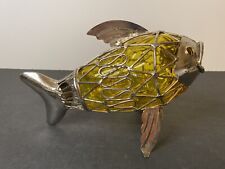 Rare Hand Blown Glass Metal Caged Fish Sculptures Figurine Yellow 8 1/4” Long picture